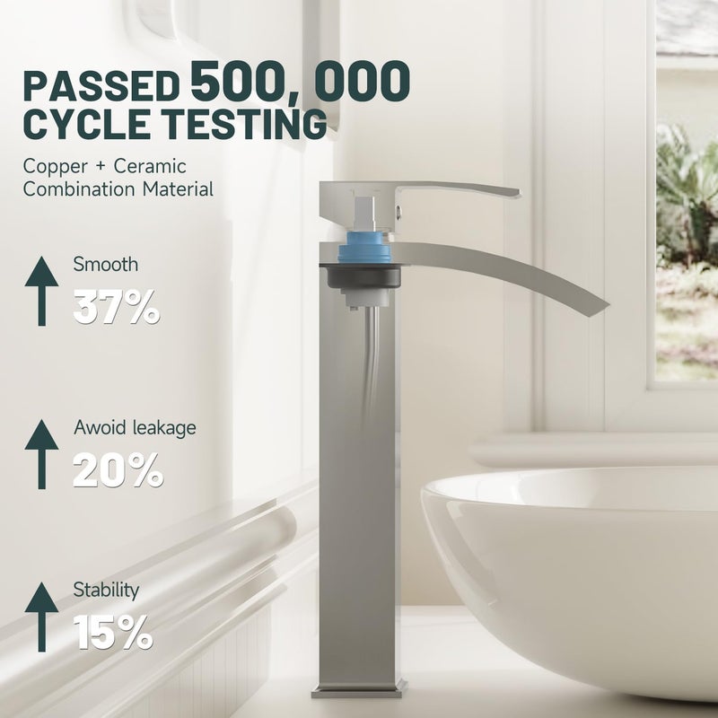 Green Spring Greenspring Brushed Nickel Vessel Sink Faucet, Waterfall Bathroom Faucets, Tall Spout Single Handle Single Hole Bathroom Faucets with Pop Up Drain and Without Overflow Basin Faucet Supply Line - Image 5